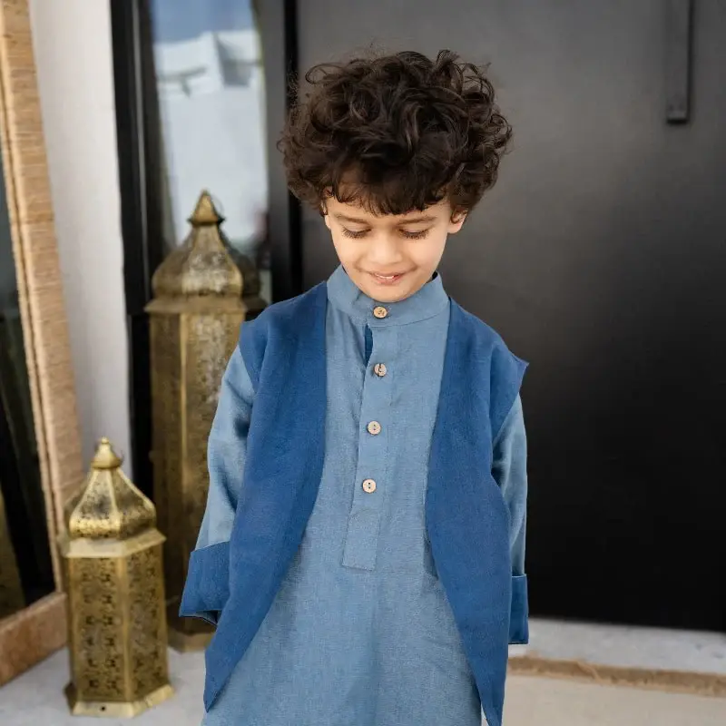 Premium Linen Boys Thobe Sea Blue1.webp
