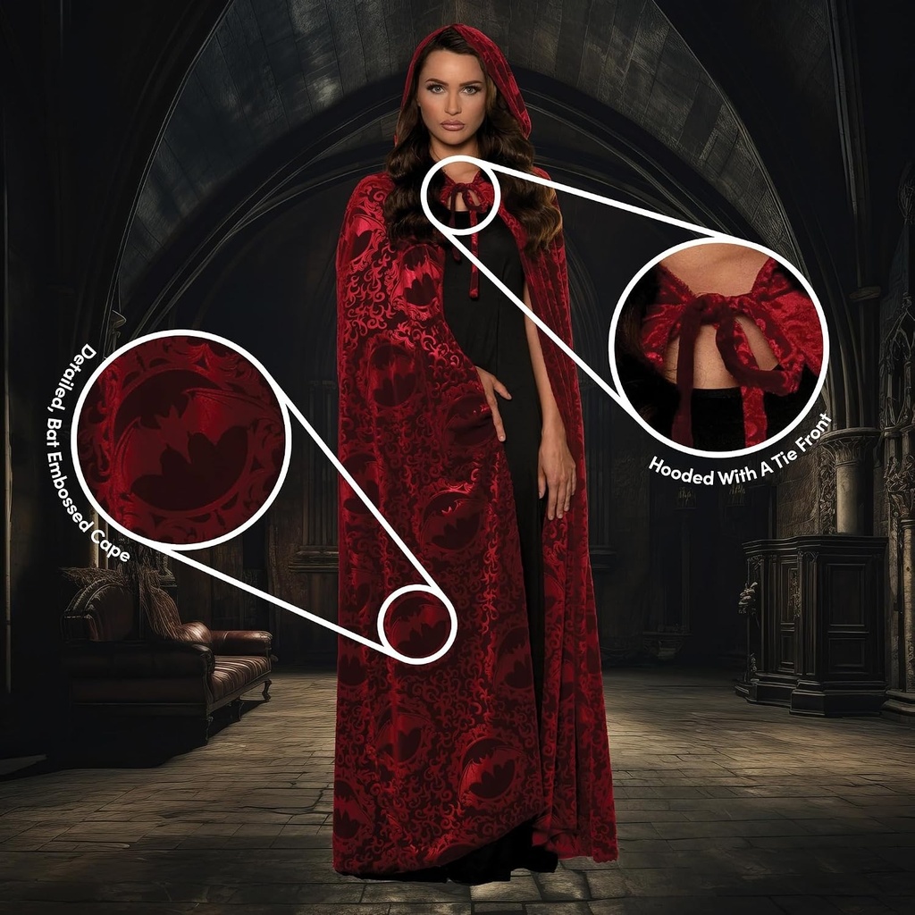 Hooded Vampire Cape with Bat Print - Adult