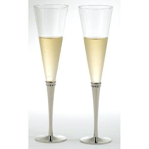 11 Inch Nickel Plated Champagne Flutes W/Crystals Bridal & Wedding