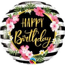 18 Inch Mylar Balloon-Birthday Hibiscus Stripes