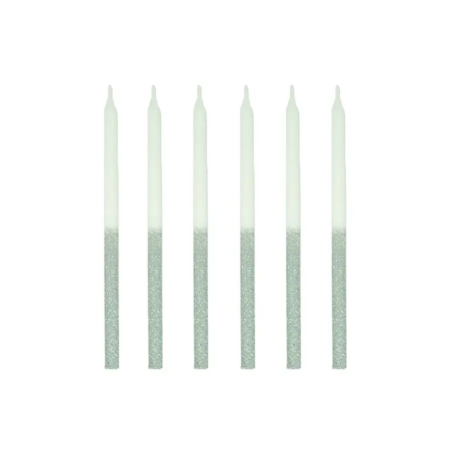6 Inch Slim Candles white & Glitter Silver 12/Pk