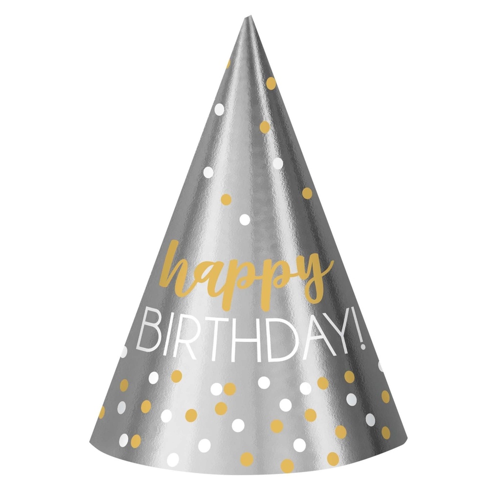 Birthday Accessories Silver & Gold Printed Cone Hats