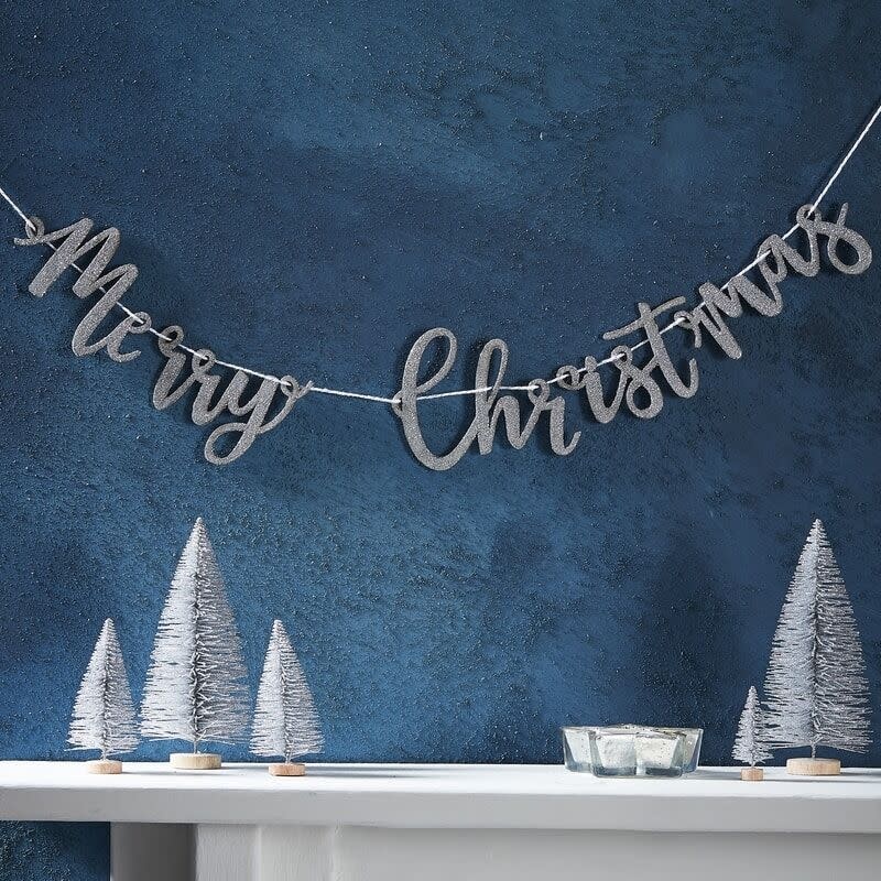 Bunting Wooden Glitter Merry Christmas - Silver 1 Meter Christmas