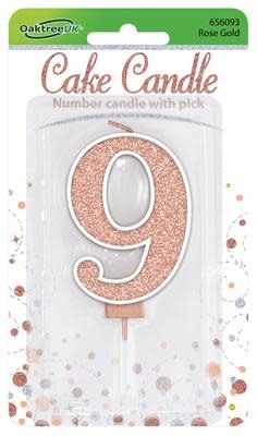 شمعة عيد ميلاد رقم 9 باللون الذهبي الوردي اللامع