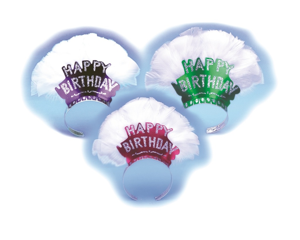 Deluxe Glittered Happy Birthday Headband w/White Feathers Headbands