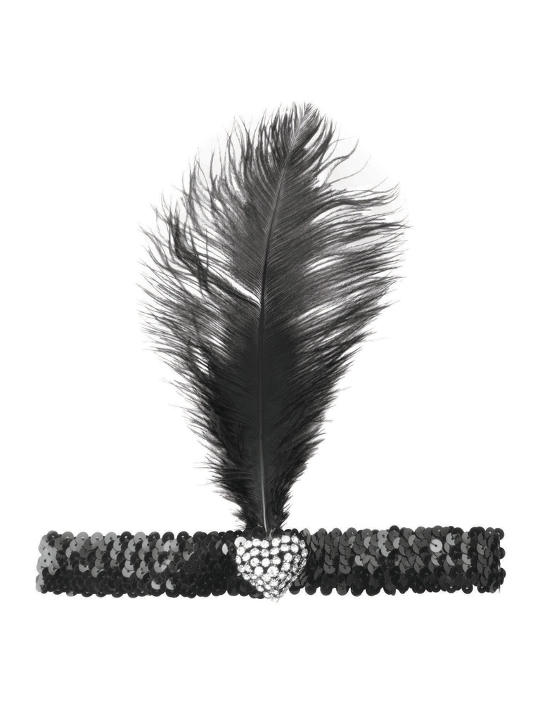 Black Flapper Headband with Crystal Heart
