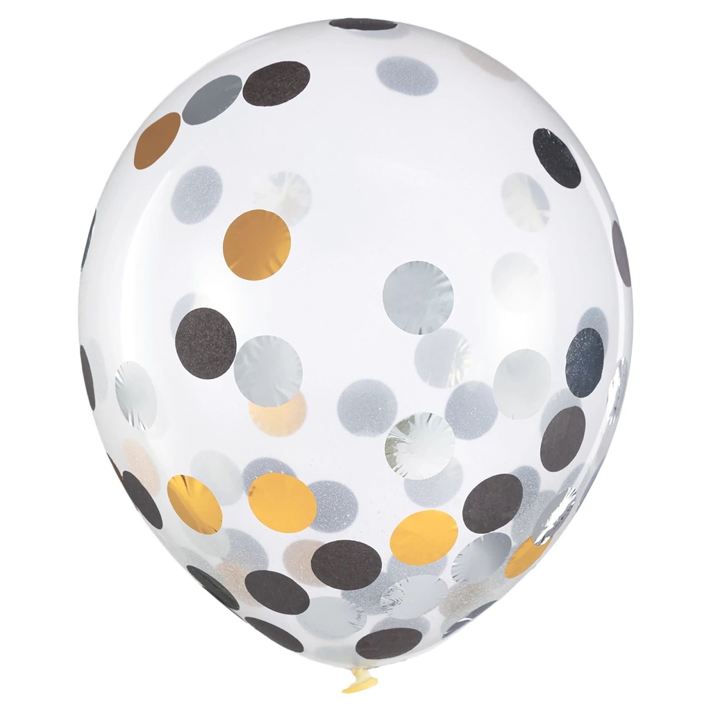 12 Inch Latex Balloons w/ Confetti-Black, Silver & Gold 6/pk
