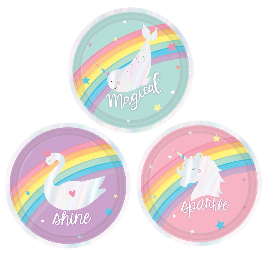 Magical Rainbow Birthday Round Iridescent Plates, Assorted, 7 Inch