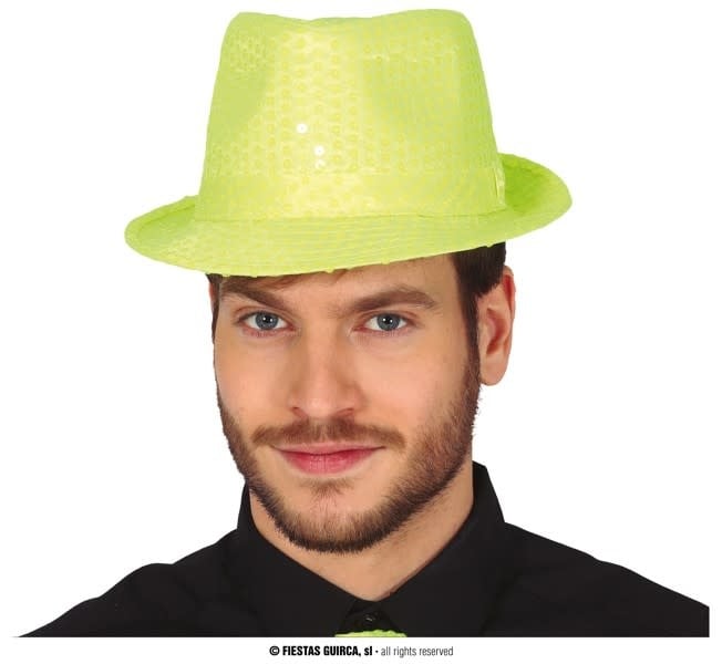 Neon Yellow Sequin Gangster Hat 80's Eighties