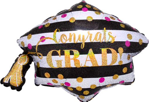 Gold Confetti Grad Cap Holo Supershape Foil Balloon