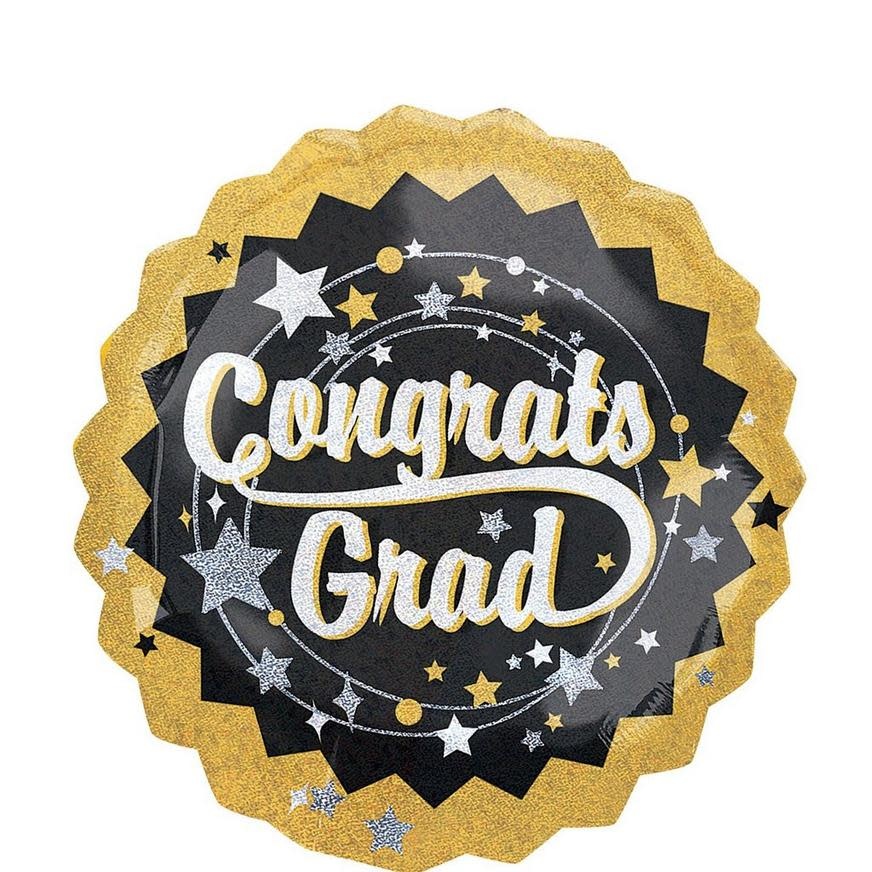 P45 HOLOGRAPHIC GRAD BLACK GOLD & SILVER JUMBO BALLOON 28INCH