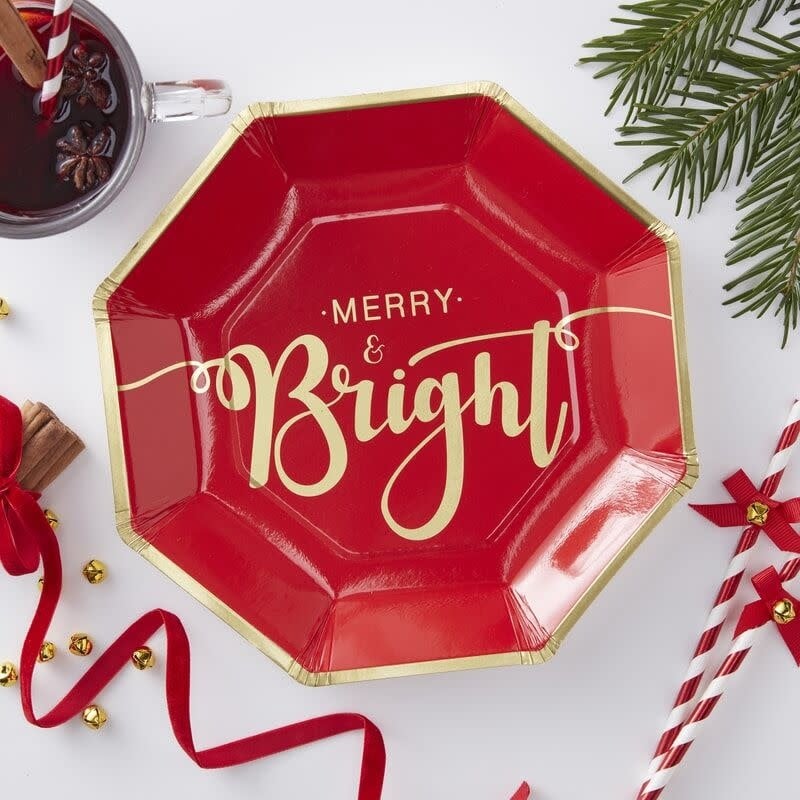 أطباق ورقية بتصميم "Merry & Bright" للكريسماس باللونين الأحمر والأسود مقاس ٢٣×٢٣ سم (عبوة من ٨ قطع)