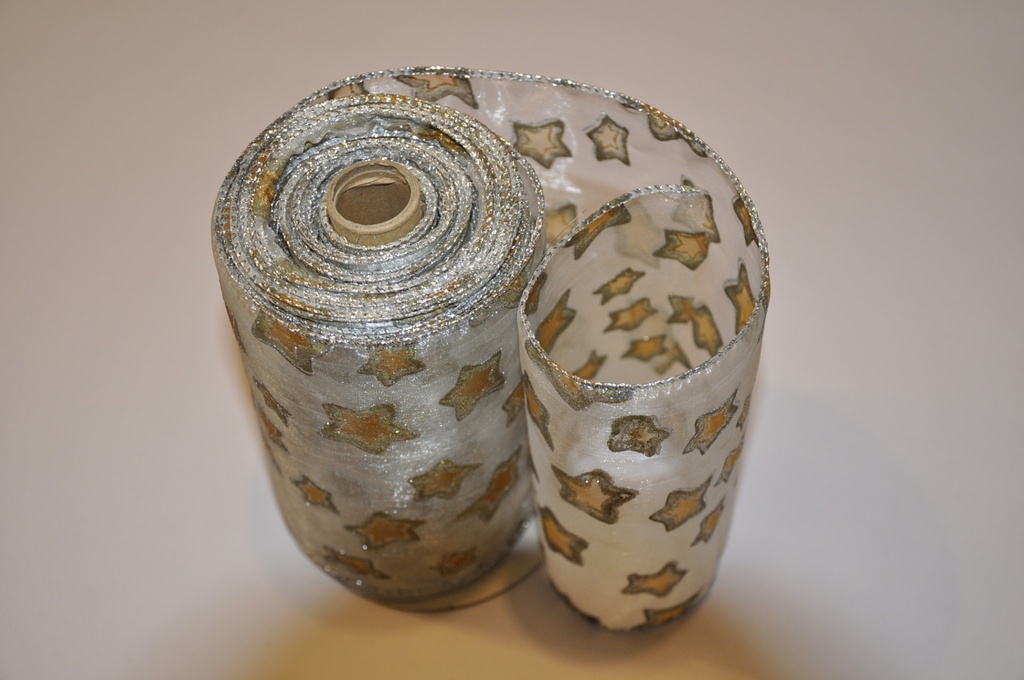 Ribbon Wired Sheer w Printed Glittered Stars 6 Inch X 15 Yd -   Silver-Brown