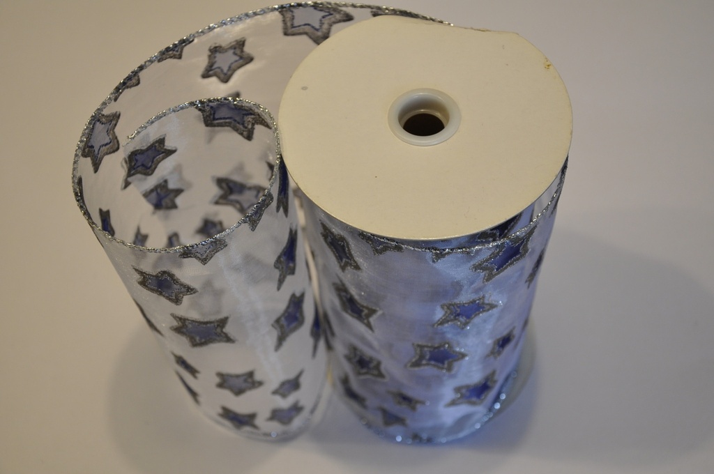 Ribbon Wired Sheer w Printed Glittered Stars 6 Inch X 15 Yd -   Silver-Navy