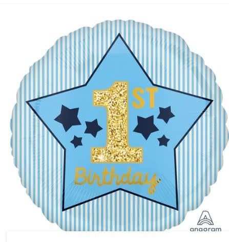 S40 1St Birthday Boy Blue & Gold Foil Balloon