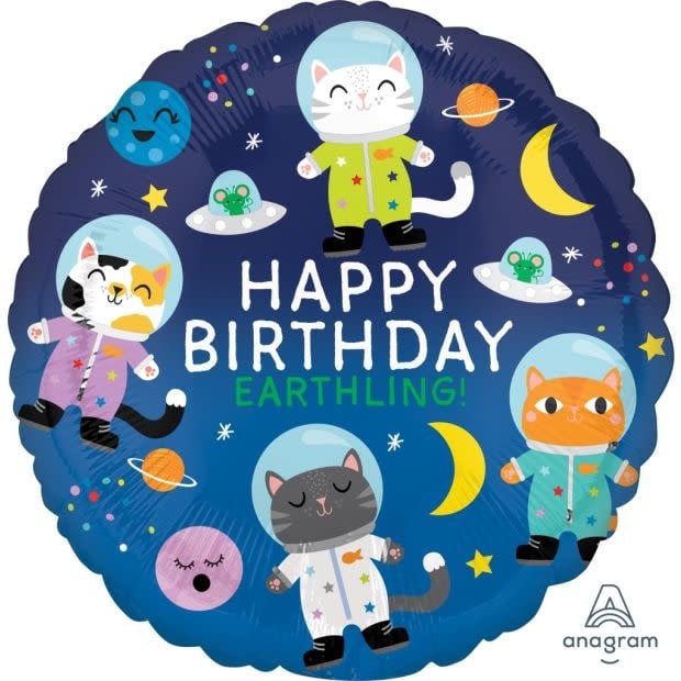 S40 Happy Birthday Space Cats Balloon 18 Inch