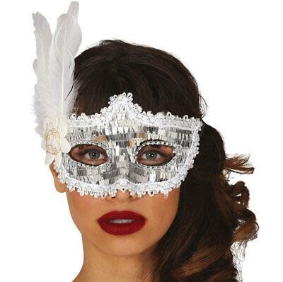 Silver Sequin Mask With White Side Feathers