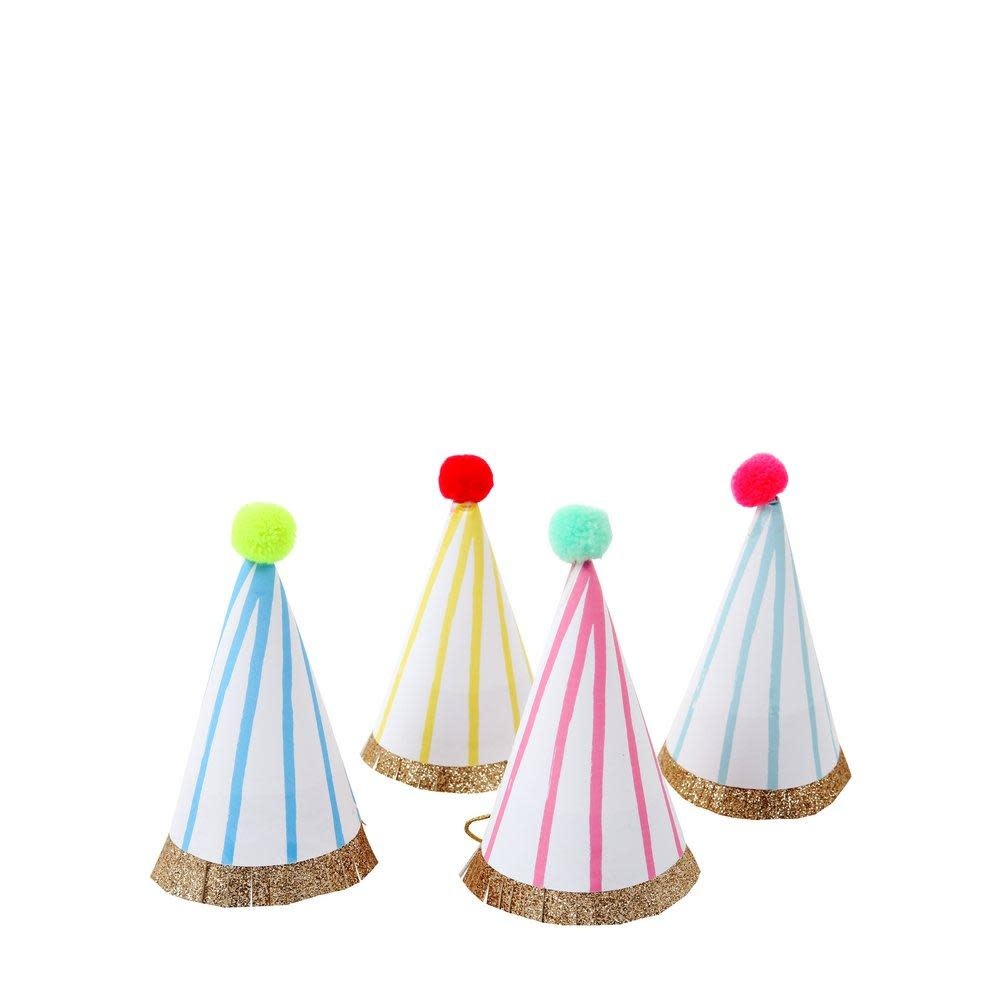 Stripe Pompom Mini Party Hats (2x3) inches 8/pk Cone Hats