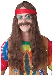 HIPPIE MAN WIG & MOUSTACHE  BROWN