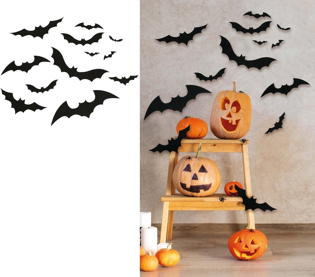 12 Black Silhouettes Bat 10 To 30 Cms, Pvc