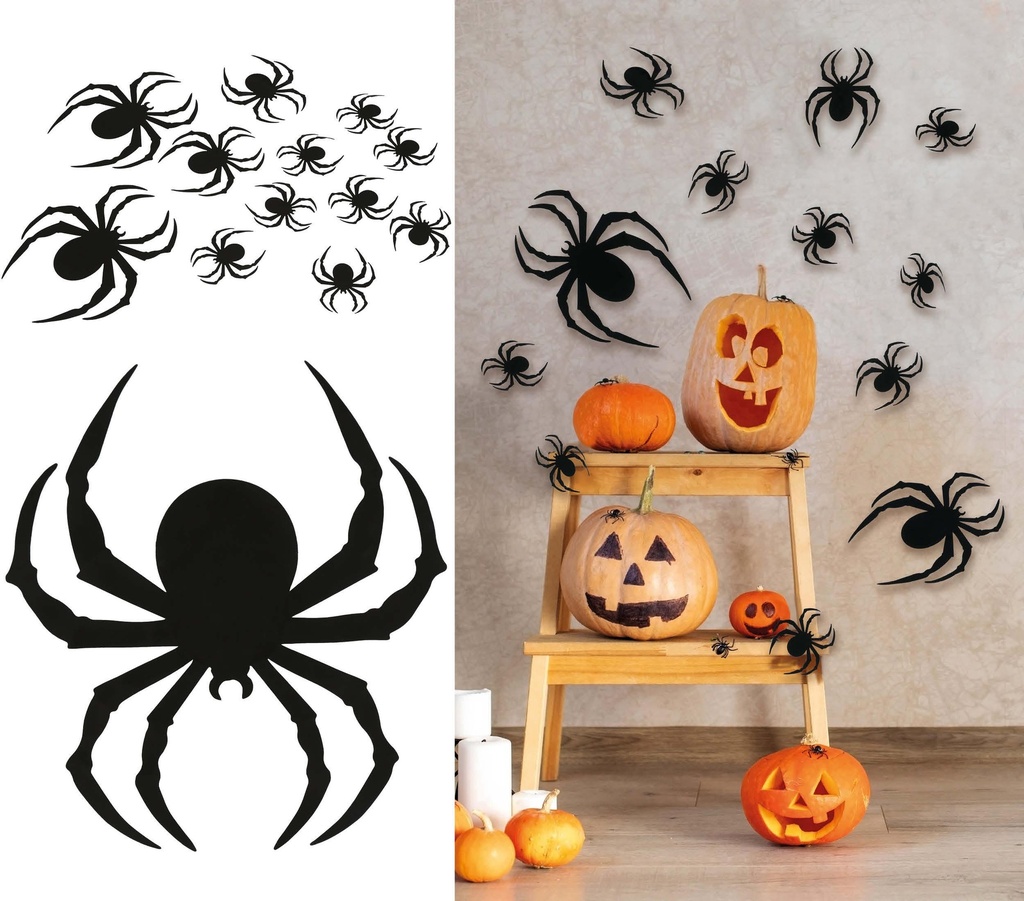 12 Black Silhouettes Spiders 6 To 19 Cms, Pvc