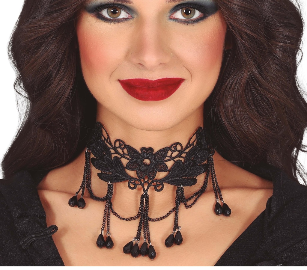 Black Necklace With Flowers And Stones