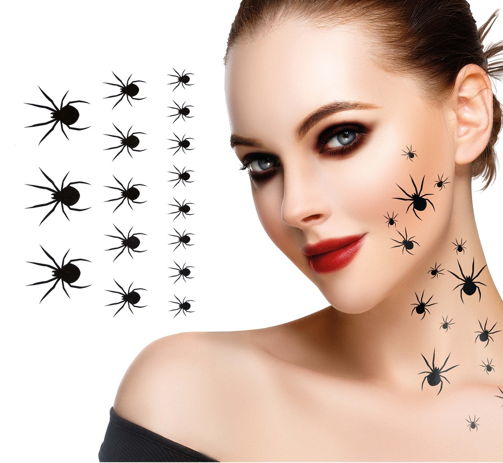 2 Sheets Of 16 Adhesive Spiders, Tattos, 15x11 Cms
