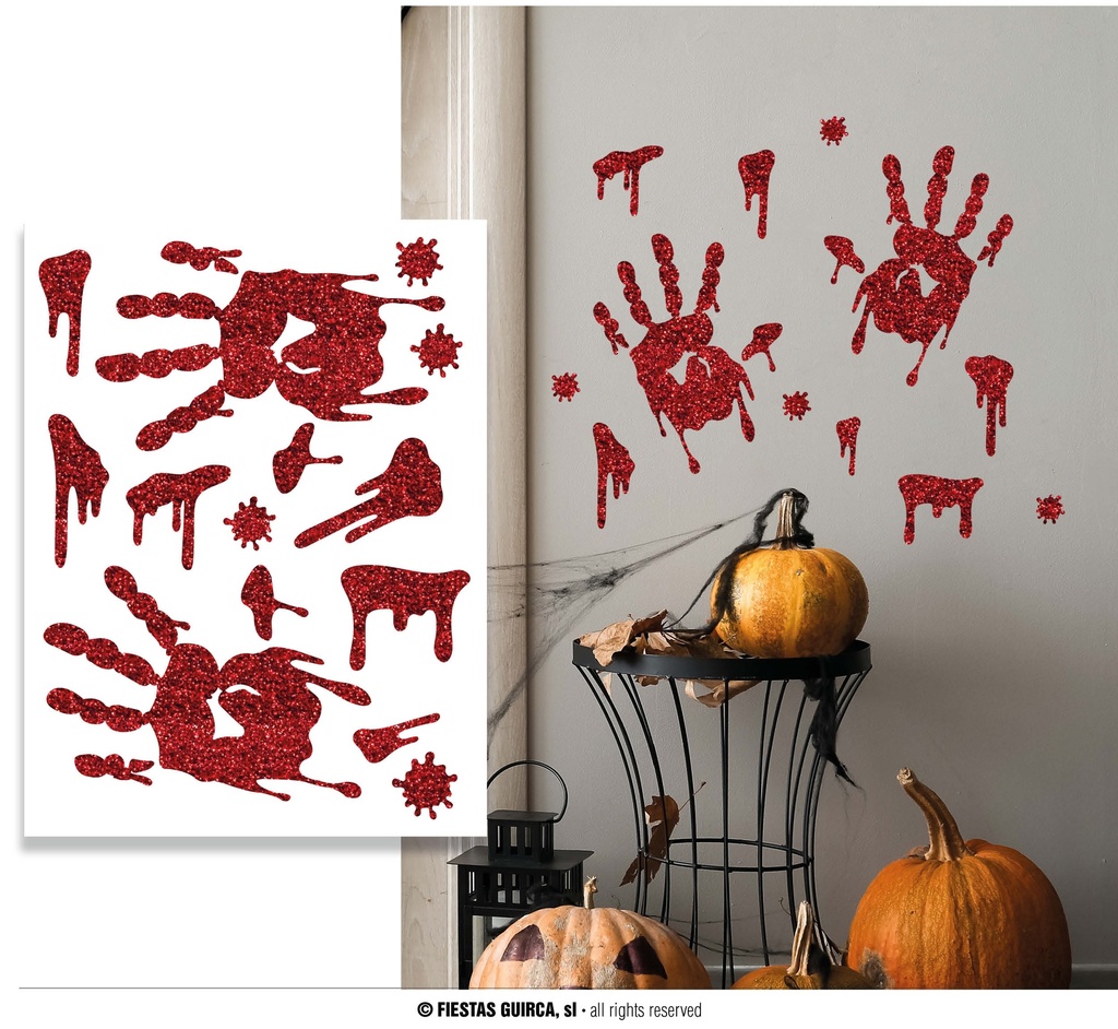 Bloody Handprints Sticker, Glitter Effect, 30x40 Cm