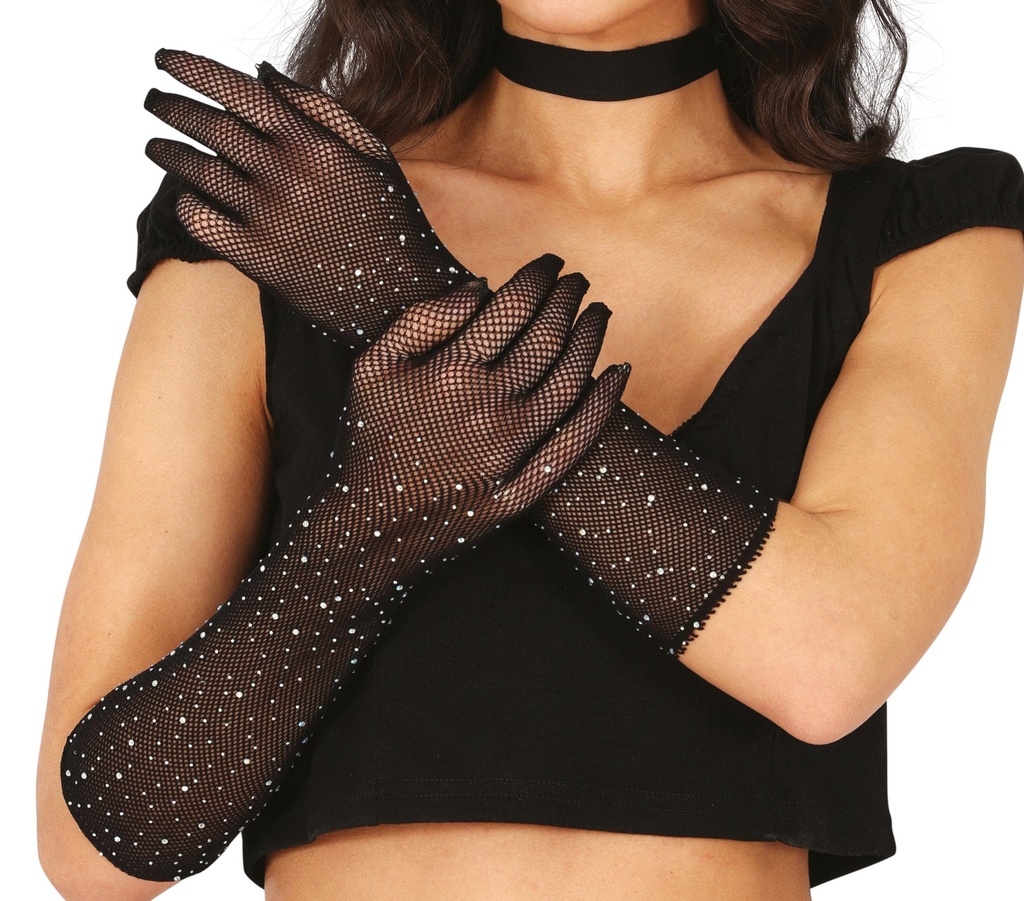 Mesh Gloves With Rhinestones, 30 Cms, Black, Adult
