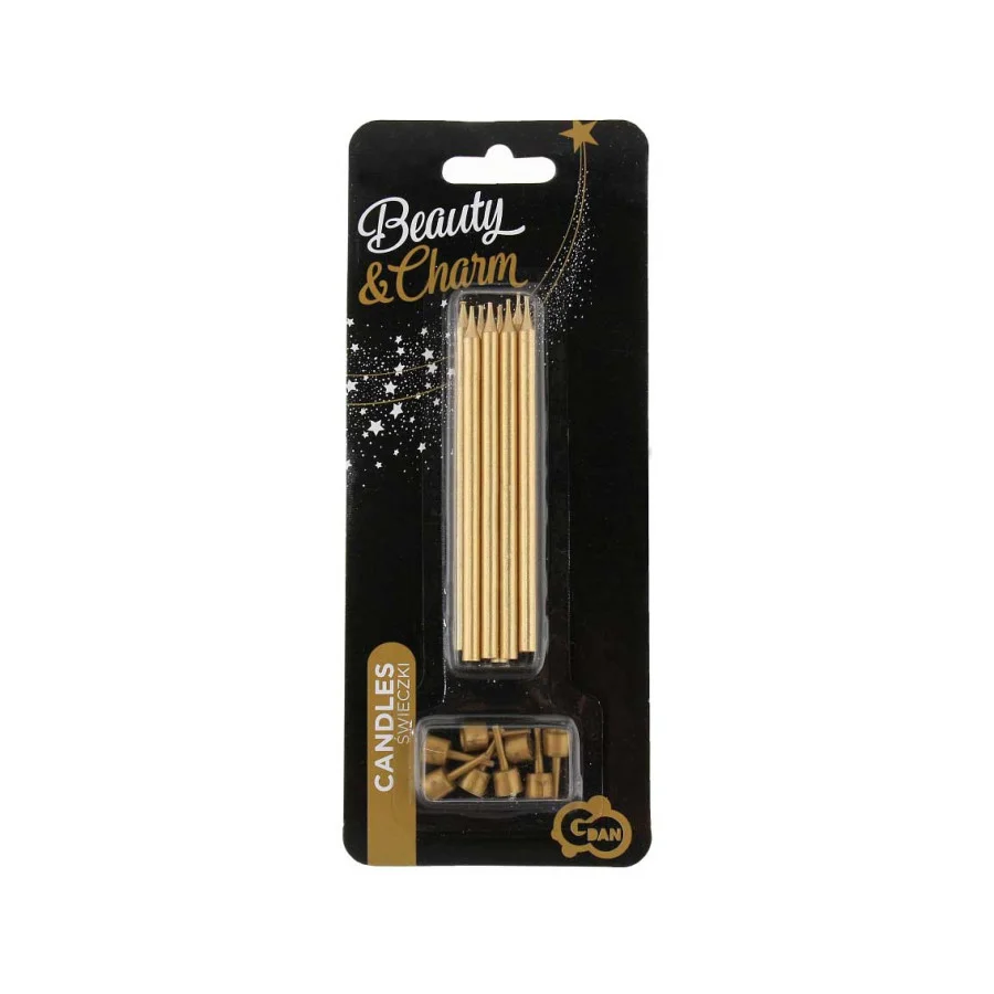 Birthday candles with holders, gold 10 cm, 8 pcs