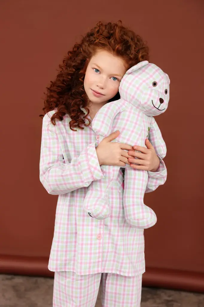 Cheer Pyjama Set with Matching Teddy Bear & cherry bow embroidery