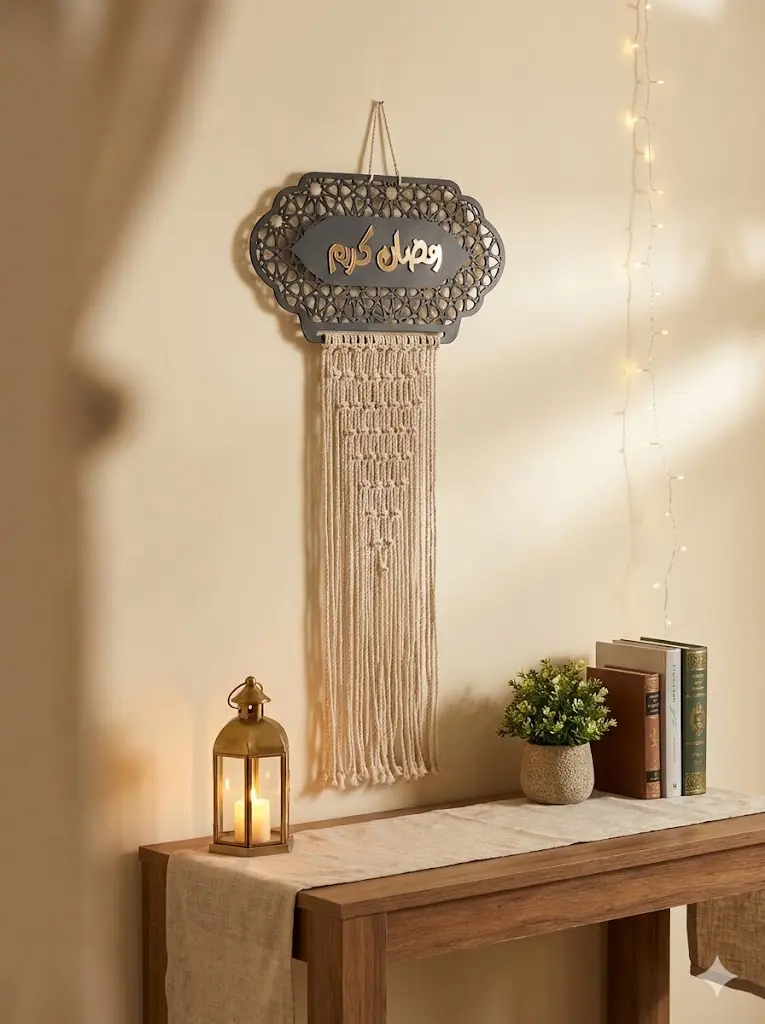 تعليقة رمضان خشبية للحائط أو الباب "رمضان كريم" - شرابة مكرمية (130) سم