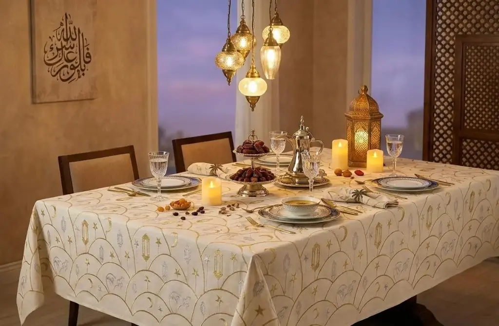 Ramadan Table Cover / Tablecloth – Beige with Gold & Silver Glitter Print (290 × 140 cm)