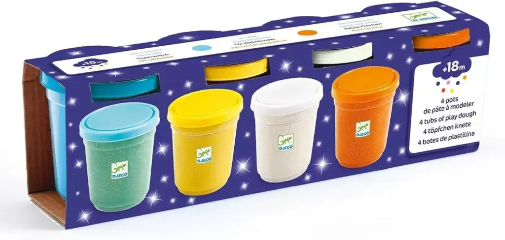 Djeco Play Dough – 4 Tubs of Glittery Play Dough