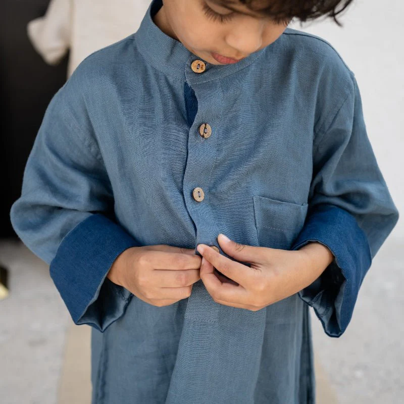 Premium Linen Boys Thobe Sea Blue