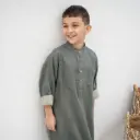 Premium Linen Boys Thobe - Olive Green