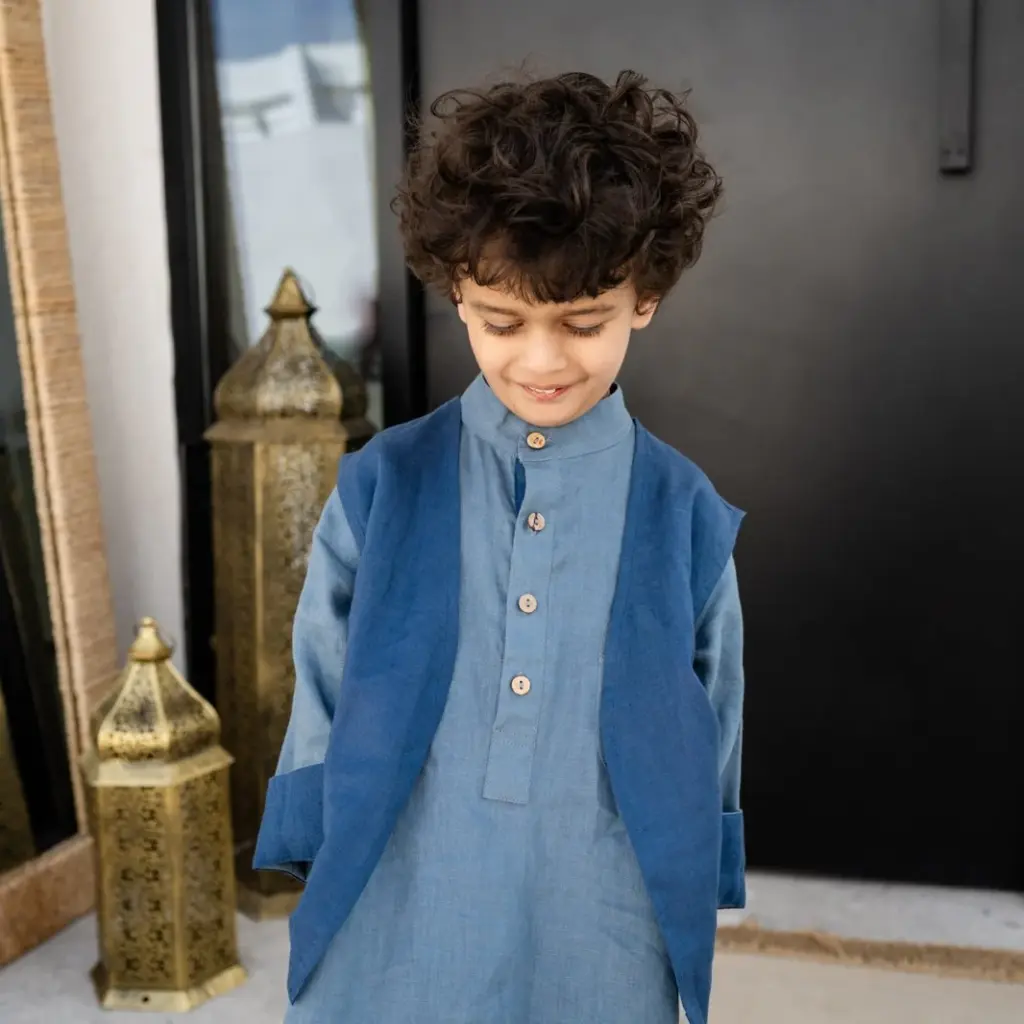 Premium Linen Boys Vest - Blue