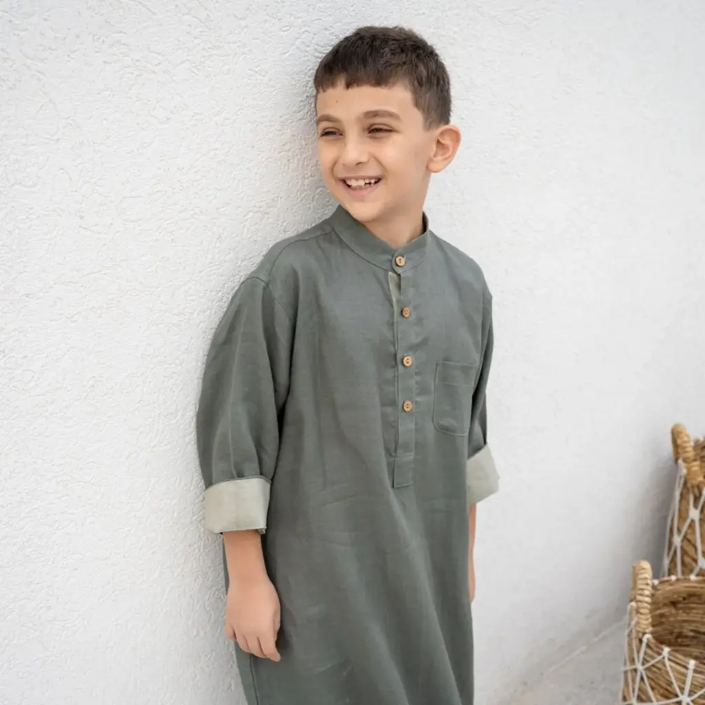 Premium Linen Boys Thobe - Olive Green