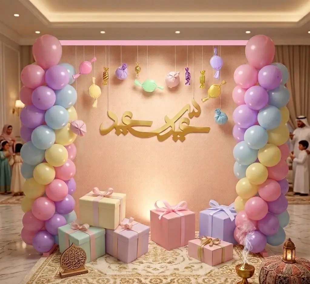 Pastel Eid Saeed Backdrop with Balloon Pillars 180x140 cm