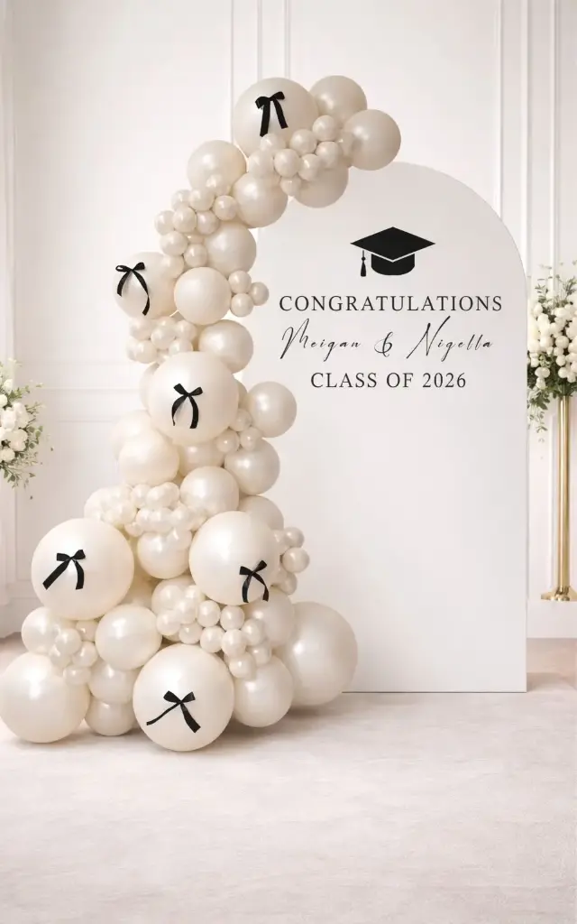 Elegant graduation backdrop with balloon garlands and bows