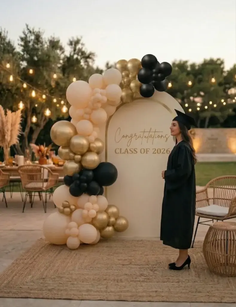 Golden Arch Graduation Backdrop With Balloon Garland 170Cm X 100Cm 