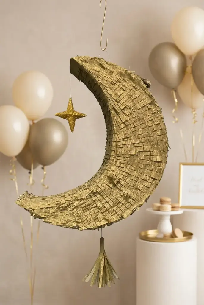 Medium Diecut Golden Moon w/ dangling Star Pinata 60x45cm
