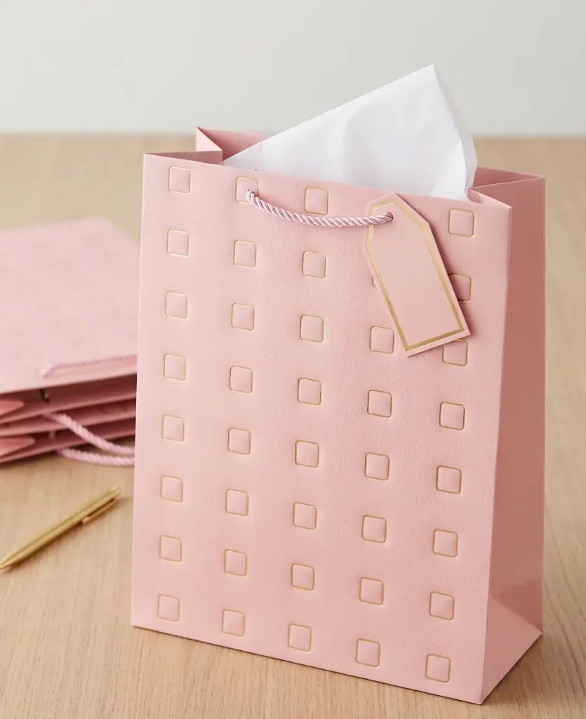 Blush Pink Gift Bag with Gold Foil Square Pattern & Gift Tag (26x32cm)