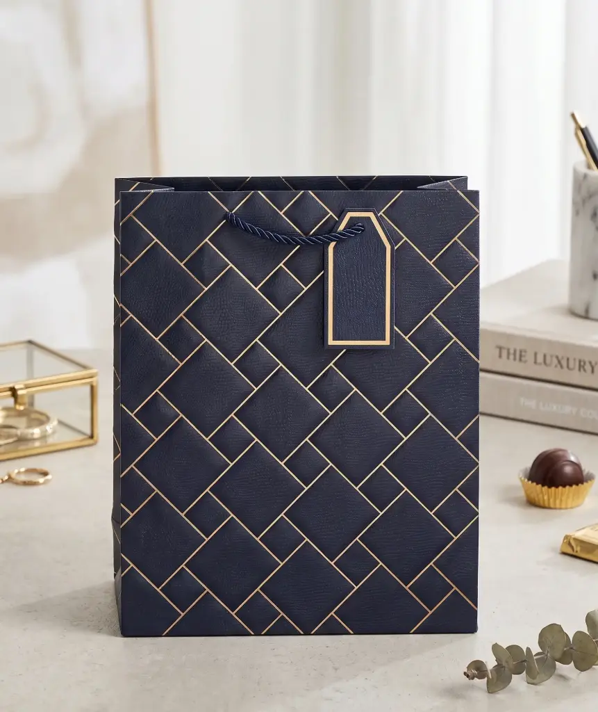 Navy Blue Gift Bag with Gold Foil Pattern & Gift Tag (26x32cm) 