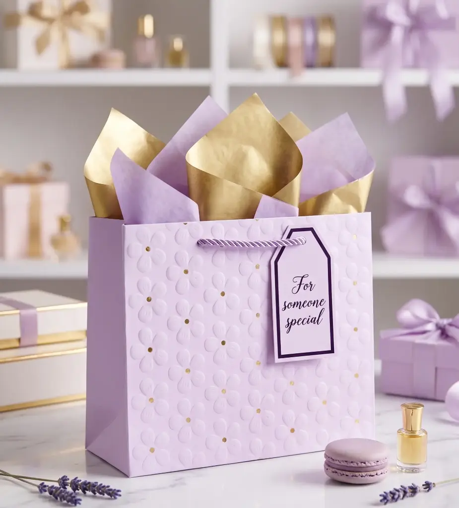 Lavender Gift Bag with Gold Dots & Matching Tag (23x18cm) 