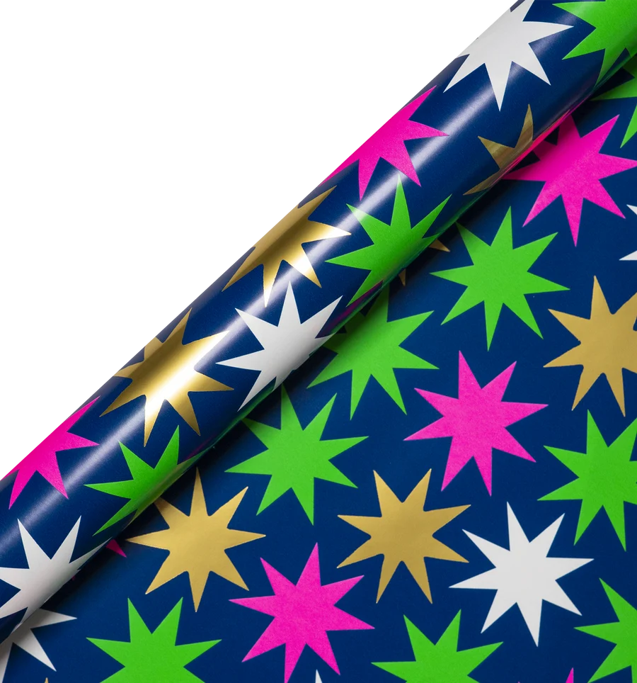 Christmas Star Neon, Navy & Gold Foiled Roll Wrap, 3 Metres