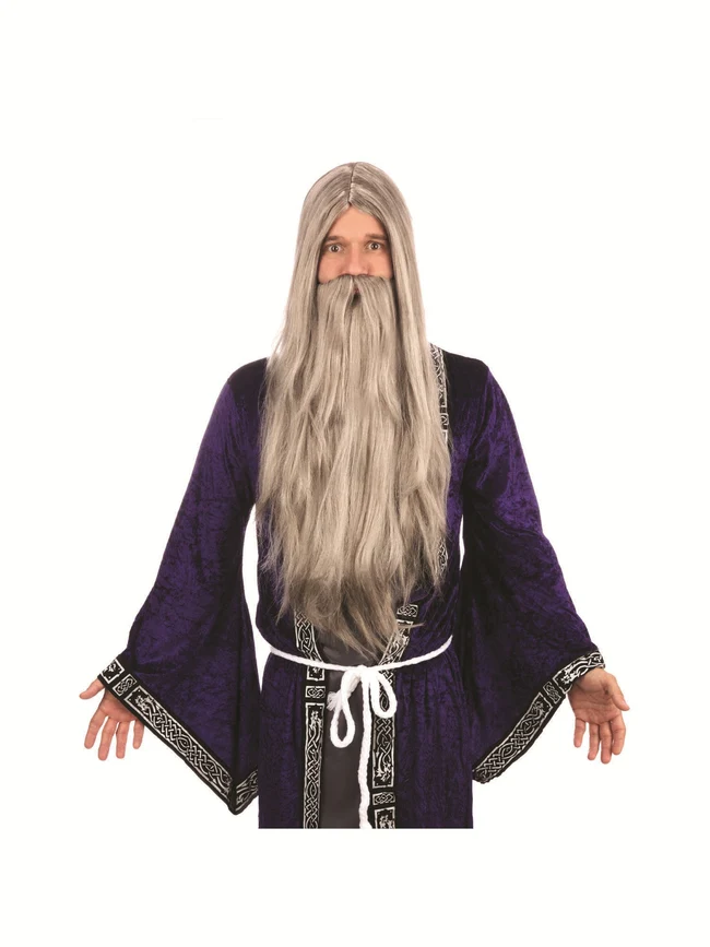 Long Grey Adult Wizard Costume Wig and Beard Set