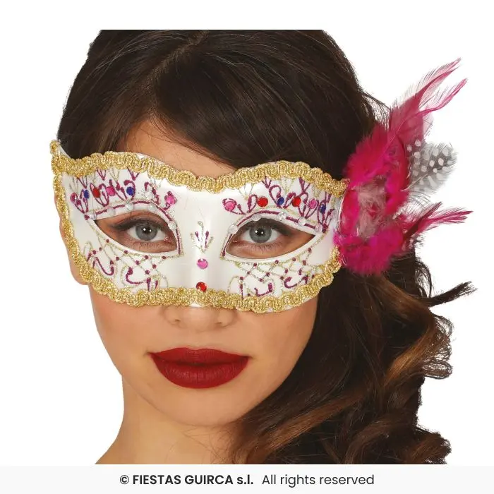 White Venetian Eye Mask with Pink Feathers