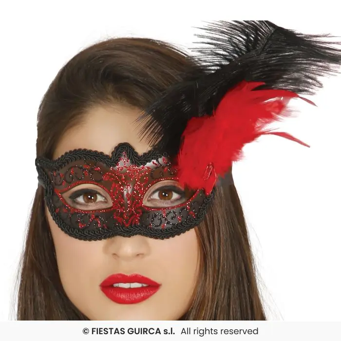 Decorated Red Masquerade Eye Mask with Feather