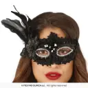 Black Masquerade Eye Mask with Flower & Feather